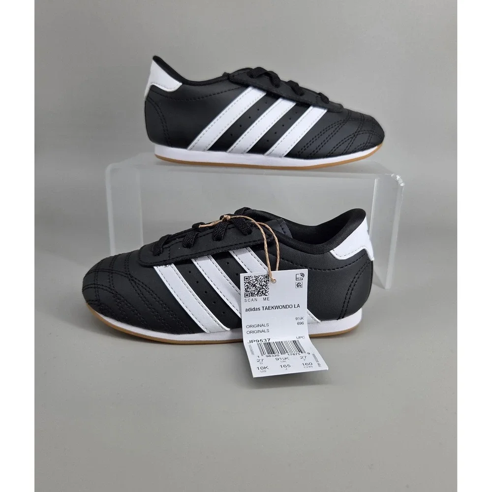 Adidas Taekwondo LA Kids Size 10K‎ Black White Leather Sneakers Gum Sole JP9537